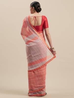 Woman's Peach Colored Poly Chiffon Checked Saree 2