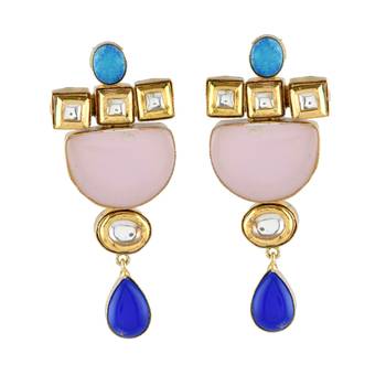 Pink Purple Stylish  Precious Stone Fushion With Kundan Earring 1