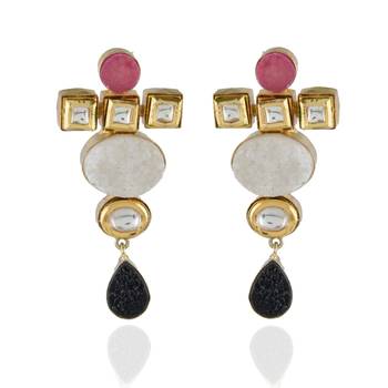 White Black Pink Duzzy Precious Stone Fusion With Kundan  Earring 1