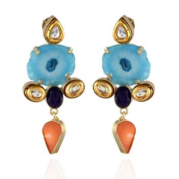 Sky Blue Orange Classy Duzzy Earring With  Fusion Of Kundan 1