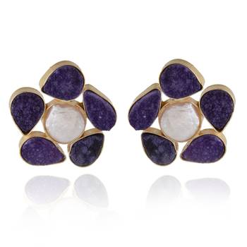 Purple White Duzzy  Baroque Pearl Smart Look Precious Stone Earring 1