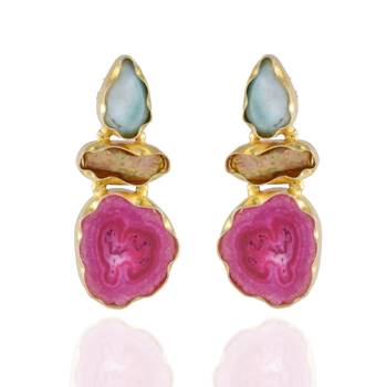 Pink Tourquoise Cute Baroque Pearl Duzzy Precious Stone Earring 1