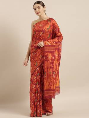 Maroon Woven Cotton Poly Saree With Blouse 1
