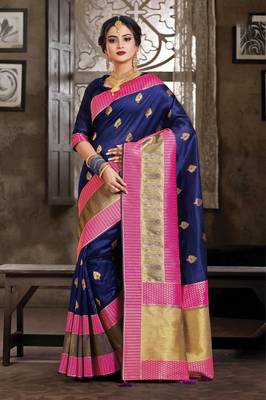 Navy Blue Crystal Silk Jacquard Traditional Saree 1