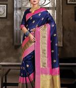 Navy Blue Crystal Silk Jacquard Traditional Saree