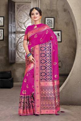 Neon Pink Crystal Silk Jacquard Traditional Saree 1