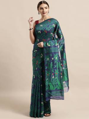 Navy Blue Woven Cotton Poly Saree With Blouse 1