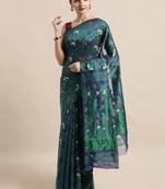 Navy Blue Woven Cotton Poly Saree With Blouse