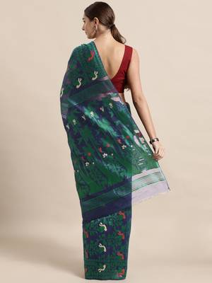 Navy Blue Woven Cotton Poly Saree With Blouse 2