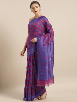 Wine Woven Cotton Poly Saree With Blouse 1