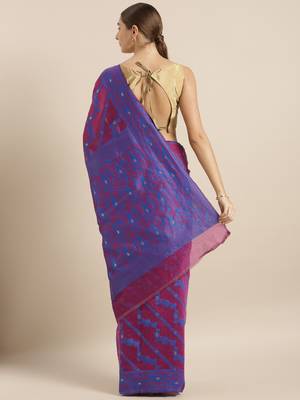 Wine Woven Cotton Poly Saree With Blouse 2