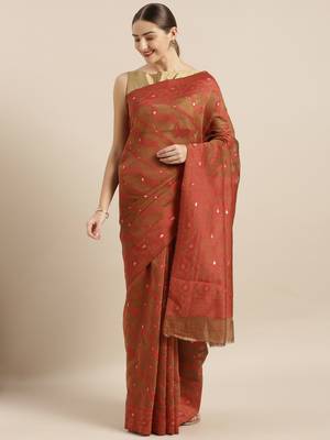 Brown Woven Cotton Poly Saree With Blouse 1