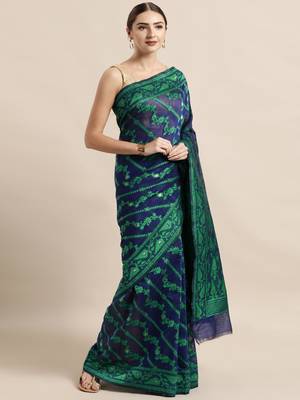 Navy Blue Woven Cotton Poly Saree With Blouse 1