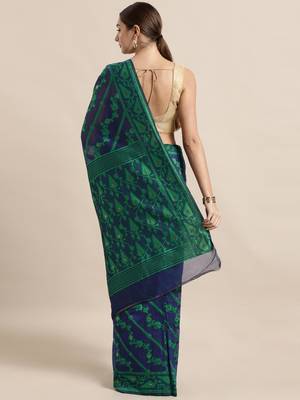 Navy Blue Woven Cotton Poly Saree With Blouse 2