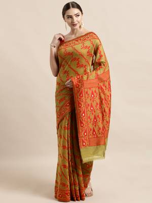 Mustard Woven Cotton Poly Saree With Blouse 1