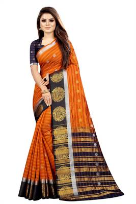 orange woven art silk saree with blouse 1