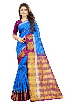 blue woven art silk saree with blouse 1