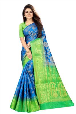 turquoise woven art silk saree with blouse 1