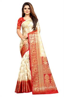 off white woven art silk saree with blouse 1