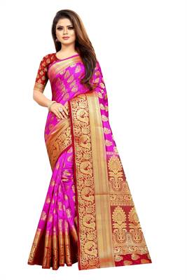 pink woven art silk saree with blouse 1