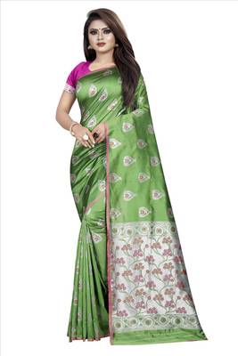 green woven art silk saree with blouse 1