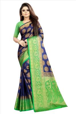blue woven art silk saree with blouse 1