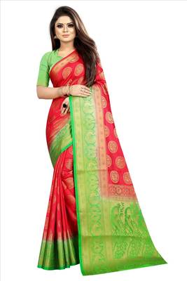 peach woven art silk saree with blouse 1