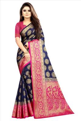 blue woven art silk saree with blouse 1