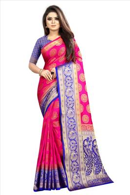 pink woven art silk saree with blouse 1