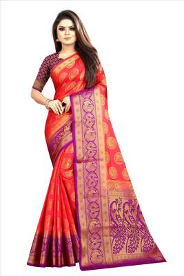 red woven art silk saree with blouse 1
