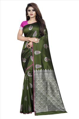 green woven art silk saree with blouse 1