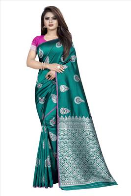 green woven art silk saree with blouse 1
