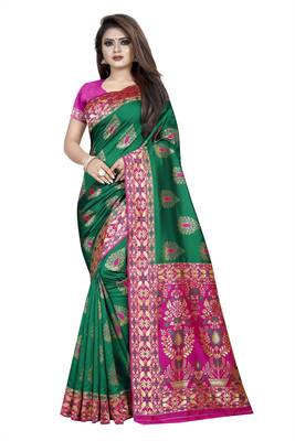 green woven art silk saree with blouse 1