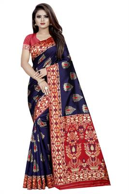 blue woven art silk saree with blouse 1