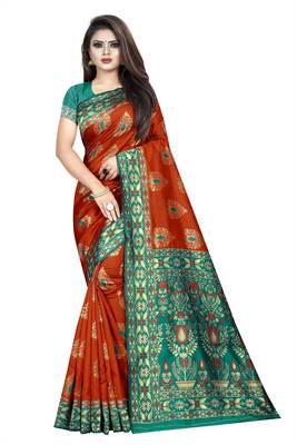 orange woven art silk saree with blouse 1
