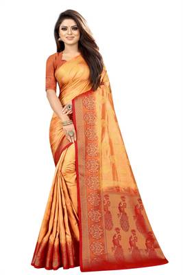 beige woven art silk saree with blouse 1