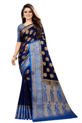 blue woven art silk saree with blouse 1