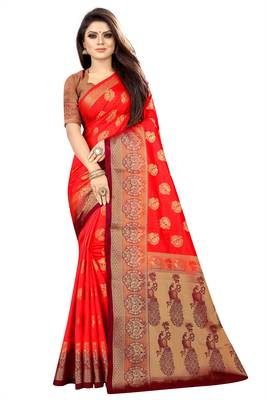 orange woven art silk saree with blouse 1