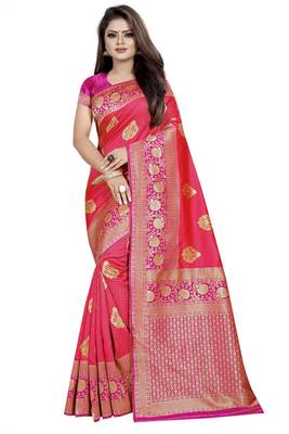 peach woven art silk saree with blouse 1