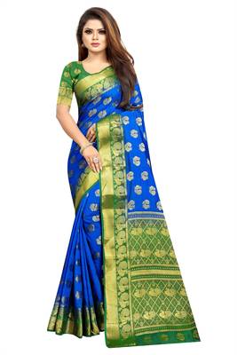 turquoise woven art silk saree with blouse 1