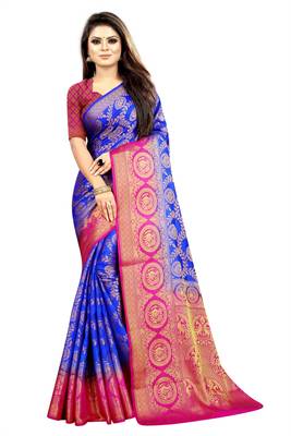 blue woven art silk saree with blouse 1