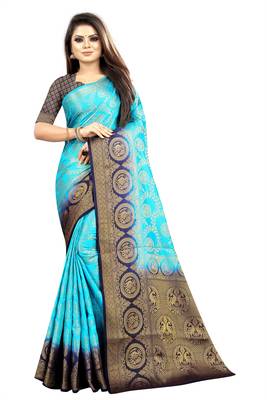 turquoise woven art silk saree with blouse 1