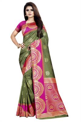 green woven art silk saree with blouse 1