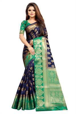 blue woven art silk saree with blouse 1