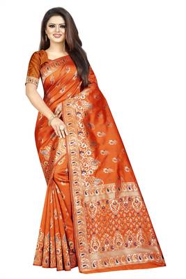 orange woven art silk saree with blouse 1