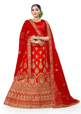 Red embroidered satin semi stitched lehenga 1