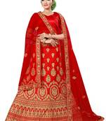Red embroidered satin semi stitched lehenga
