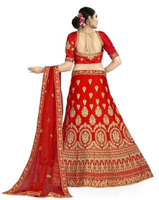 Red embroidered satin semi stitched lehenga 2
