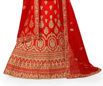 Red embroidered satin semi stitched lehenga 3