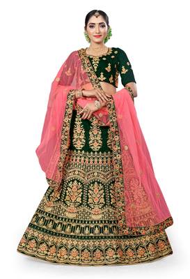 Green embroidered velvet semi stitched lehenga 1